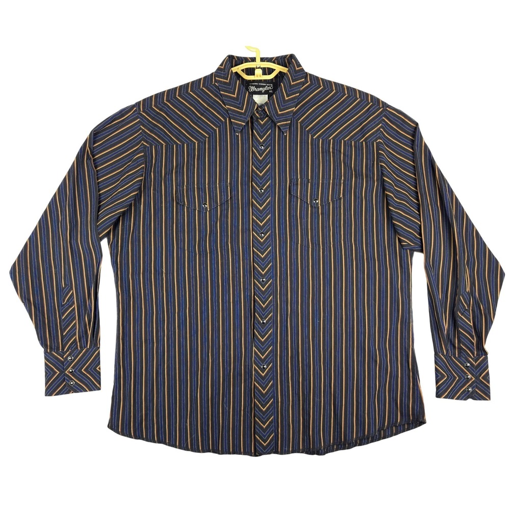 Wrangler Western Mens Pearl Snap Shirt Blue Orange Stripe XL (Fits‎ 2XL)